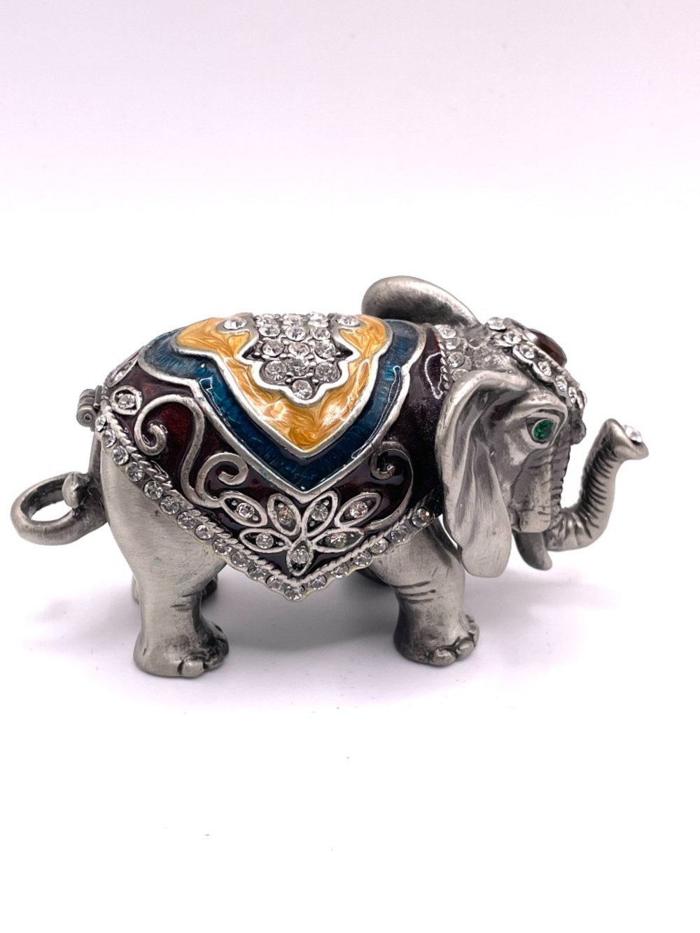 Vintage Bejeweled Enameled Pewter Elephant Trinket Box